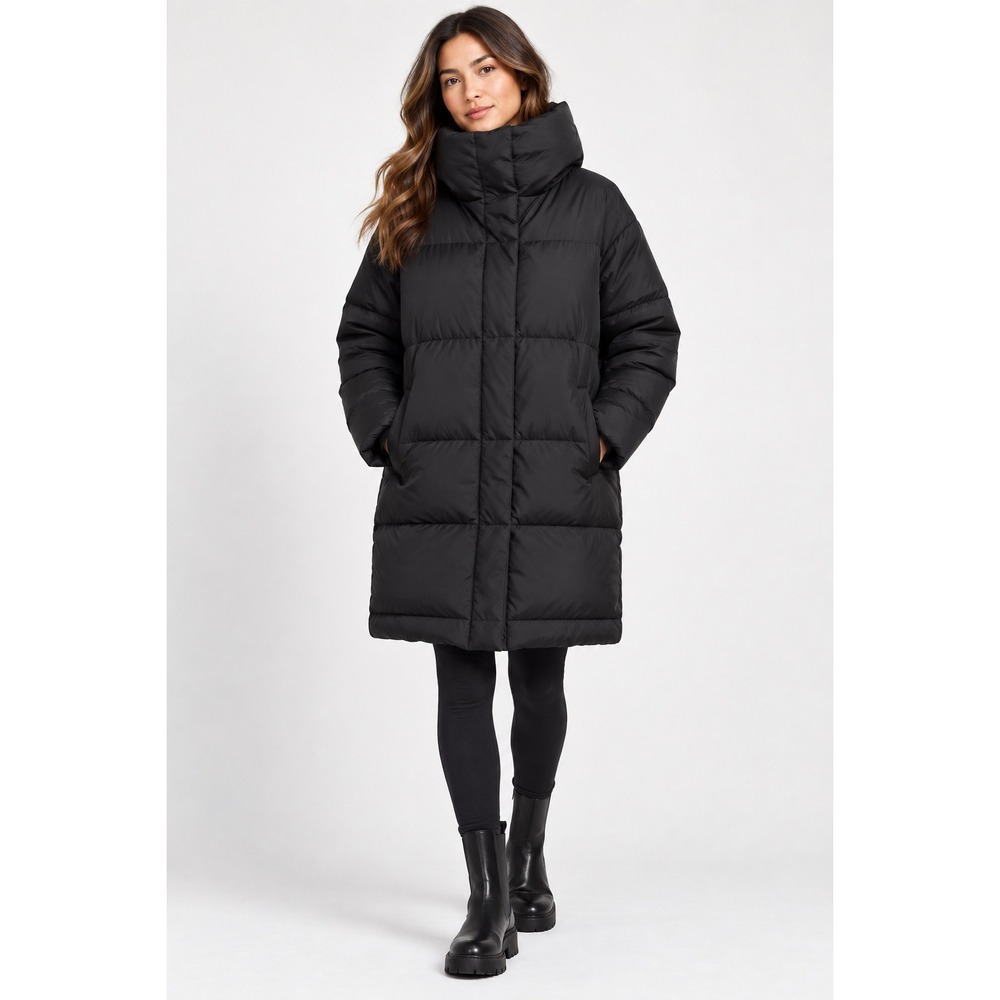 Massimo Dutti Puffer Coat Down Feather Longline Quilted Winter Large Black